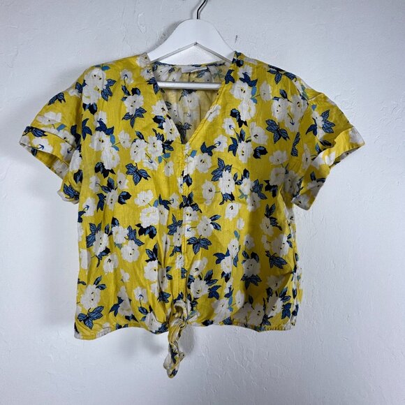 Charter Club Womens Yellow Floral Linen Tie-Front Blouse Top Large Short Sleeve - Picture 1 of 8